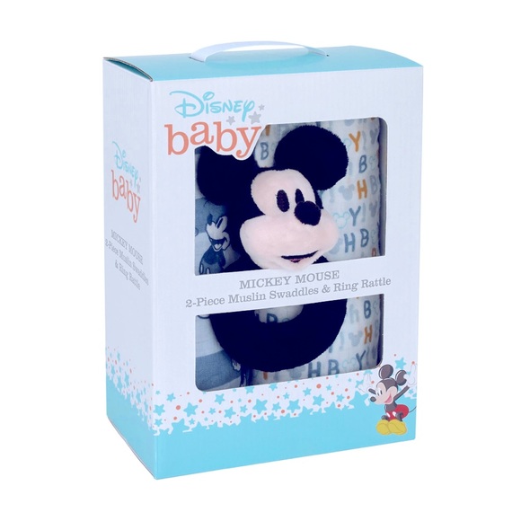 NEW DISNEY MICKEY MOUSE 2-Piece Muslin Swaddles & 1 Ring Rattle UNISEX - Picture 4 of 16